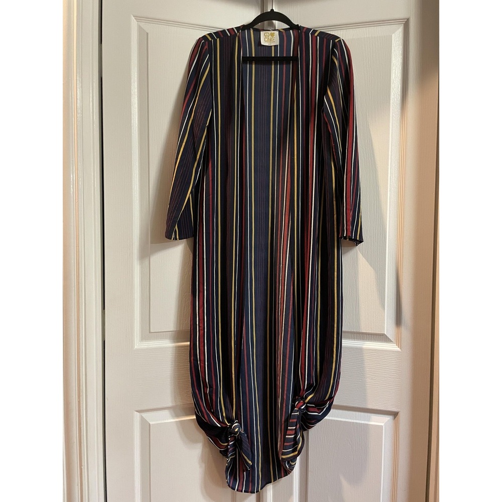 Peace Love Cake Duster Womens Small Striped 3/4 Sleeve Knotted Hem Made USA